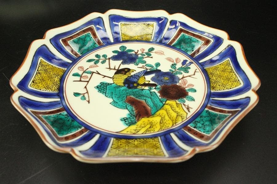 九谷焼 皿揃 色絵花鳥 八角皿 五枚 共箱(メ1538)