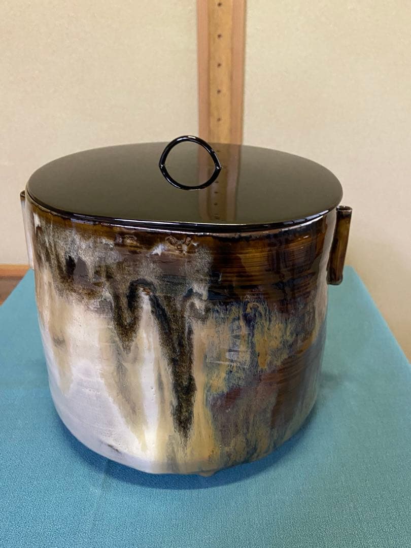 茶道具/水指 高取耳付水指 十四代 亀井味楽 共箱 塗蓋