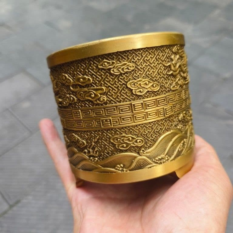 銅 細工 レリーフ三足龍鳳筆筒 筆置 筆棚 書道具 文房具工芸品美術品 置物