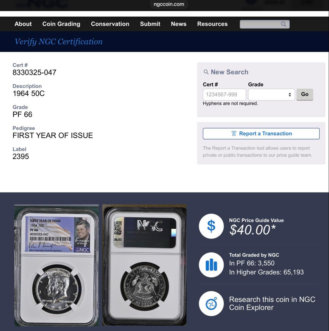 【本物保証】NGC鑑定 1964年 アメリカ ケネディ ハーフダラー PF66