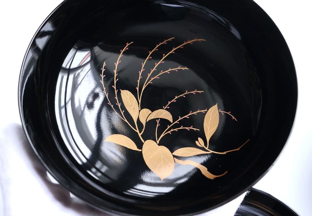 【MB189】天然木漆塗 紫陽花と葵 金蒔絵 螺鈿入 黒塗 煮物椀 二客 昭和期