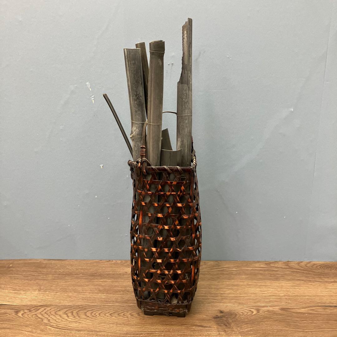 4F 趣のある逸品 竹籠 花籠 花器 竹炭 古竹 セット 囲炉裏演出 インテリア