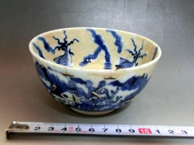 茶碗■中国 染付 魚紋 直し茶碗「成化年製」青華 お茶道具 古玩 唐物 骨董品■