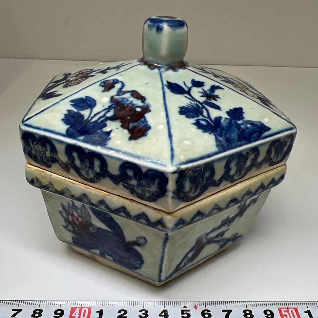 中国美術　釉裏紅六角蓋物　幅約14㎝ 東Y7-0603①