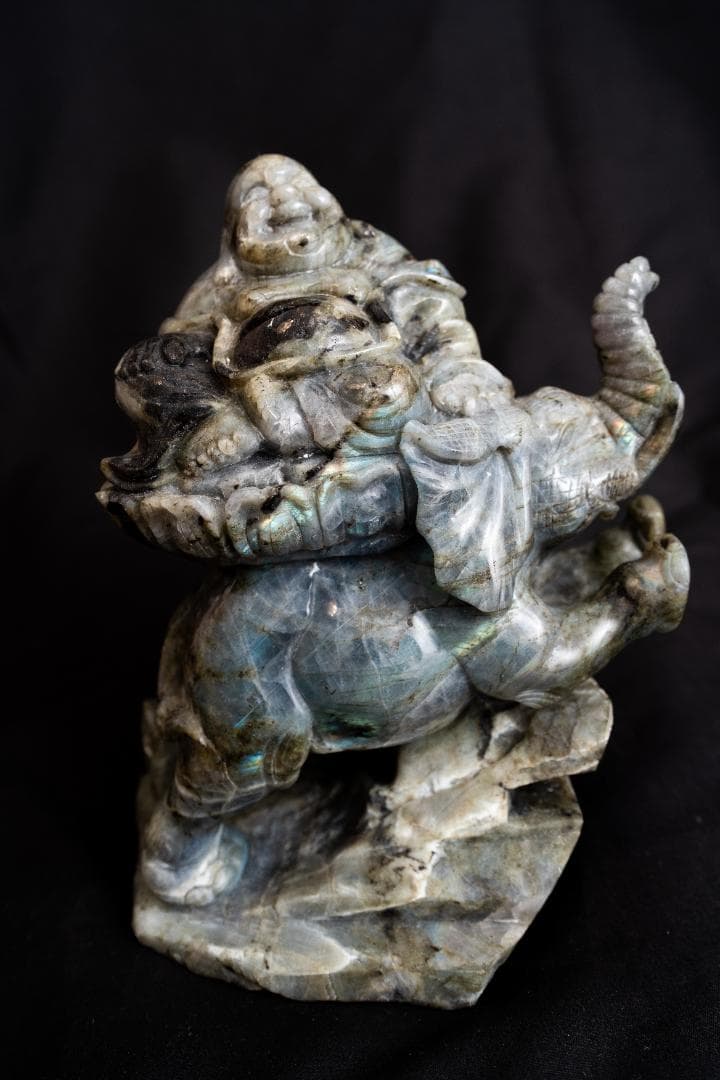 最高品質★ラブラドライト 布施様と象の彫刻