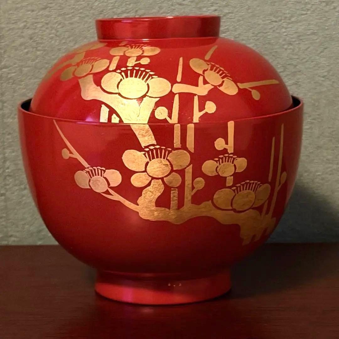 【未使用】共箱付 漆器 梅蒔絵 吸物椀 五客揃 理平造 朱塗 金蒔絵 来客用にも