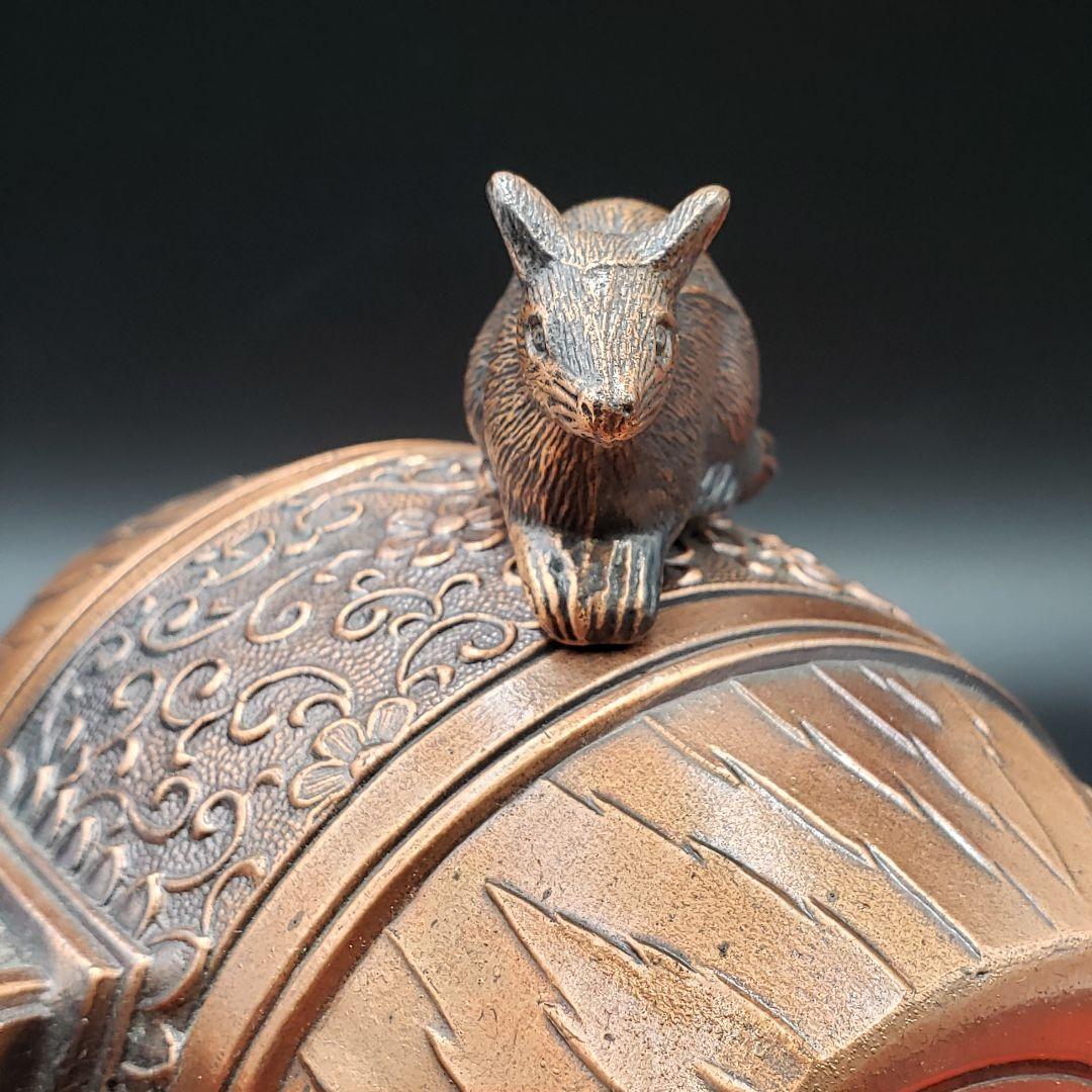 ①金属美術工芸品 子置物 鼠 ネズミ 打出の小槌 銅 工藤健作 玉川工芸