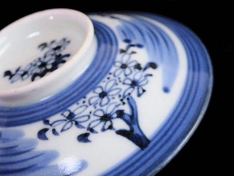 古伊万里　染付　輪線　桜花紋に霞の図　蓋茶碗　E864AS-COh