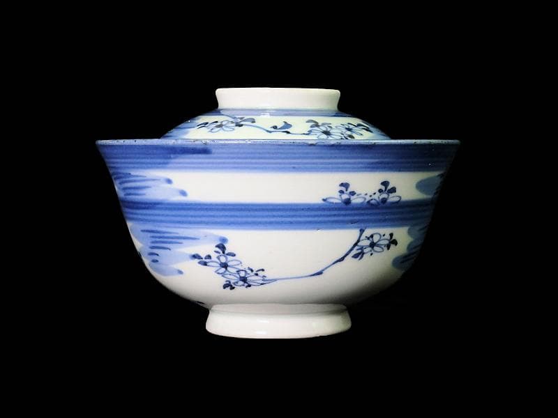 古伊万里　染付　輪線　桜花紋に霞の図　蓋茶碗　E864AS-COh