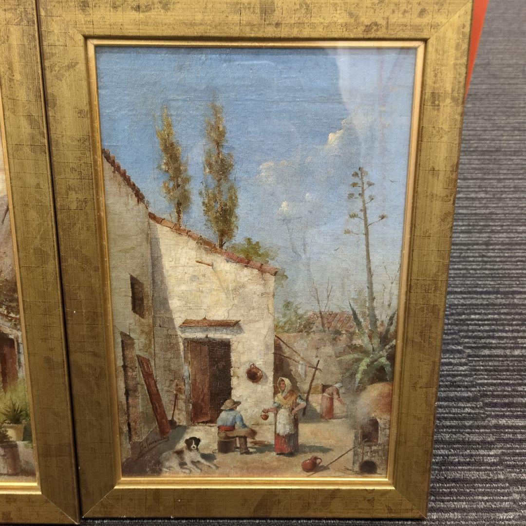 田舎の風景 油彩画 二つのパネル