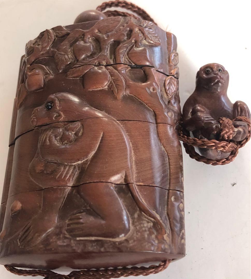 印籠四段インロ手作りオブジェインテリアアンティーク印籠猿の図現品無料発送