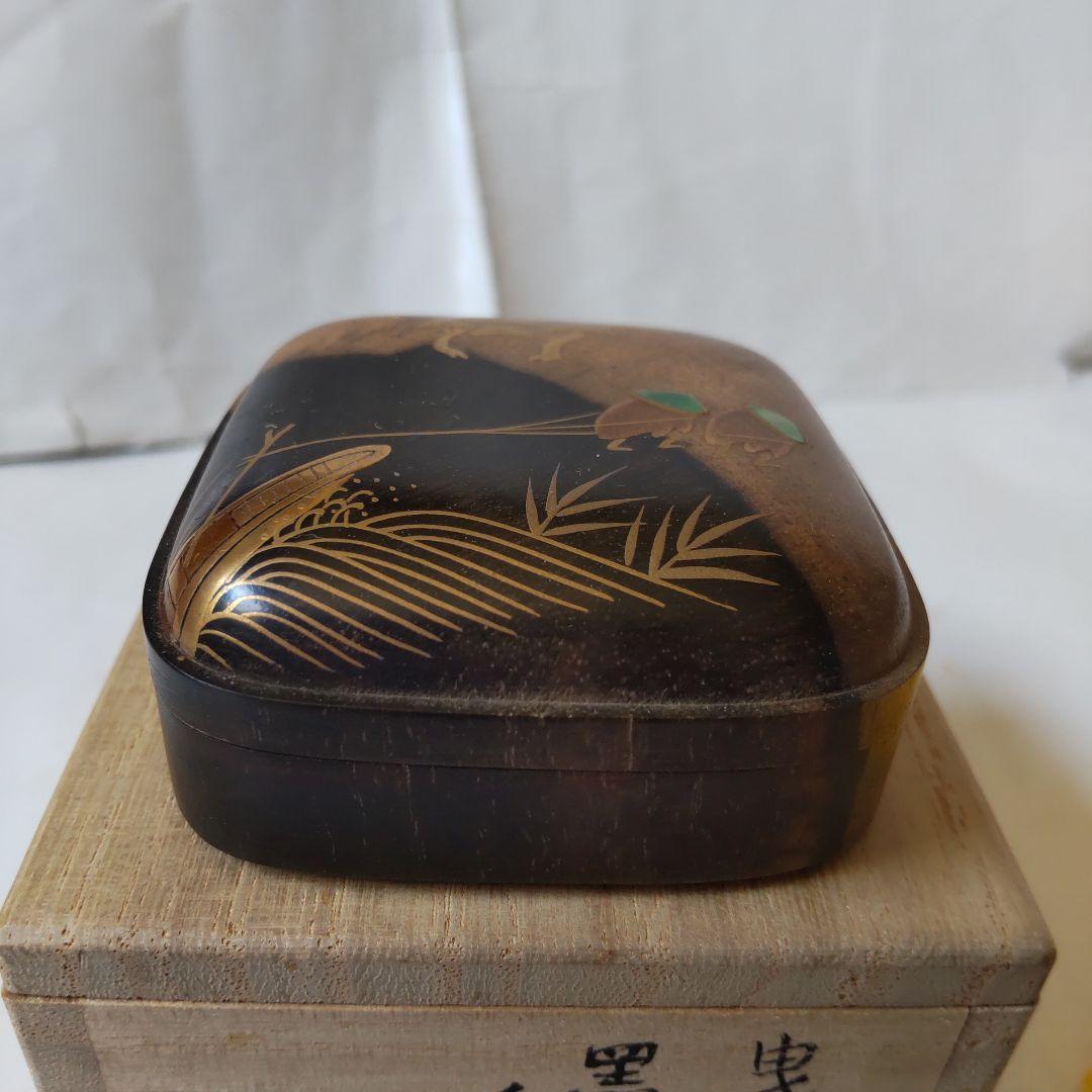 山中塗 蒔絵師 道場宗廣 作 黒柿 四方香合 曳舟 共箱 螺鈿細工 漆器 新品