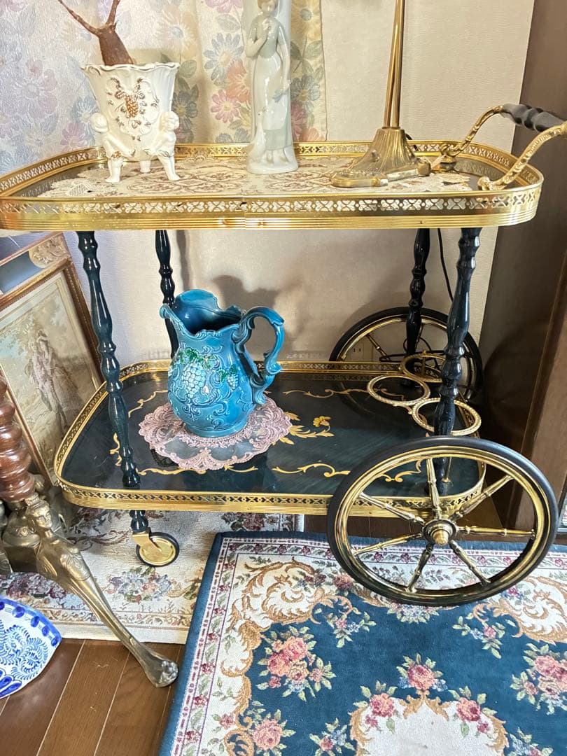 イタリア　象嵌 アンティーク風 サービングカート 黒金