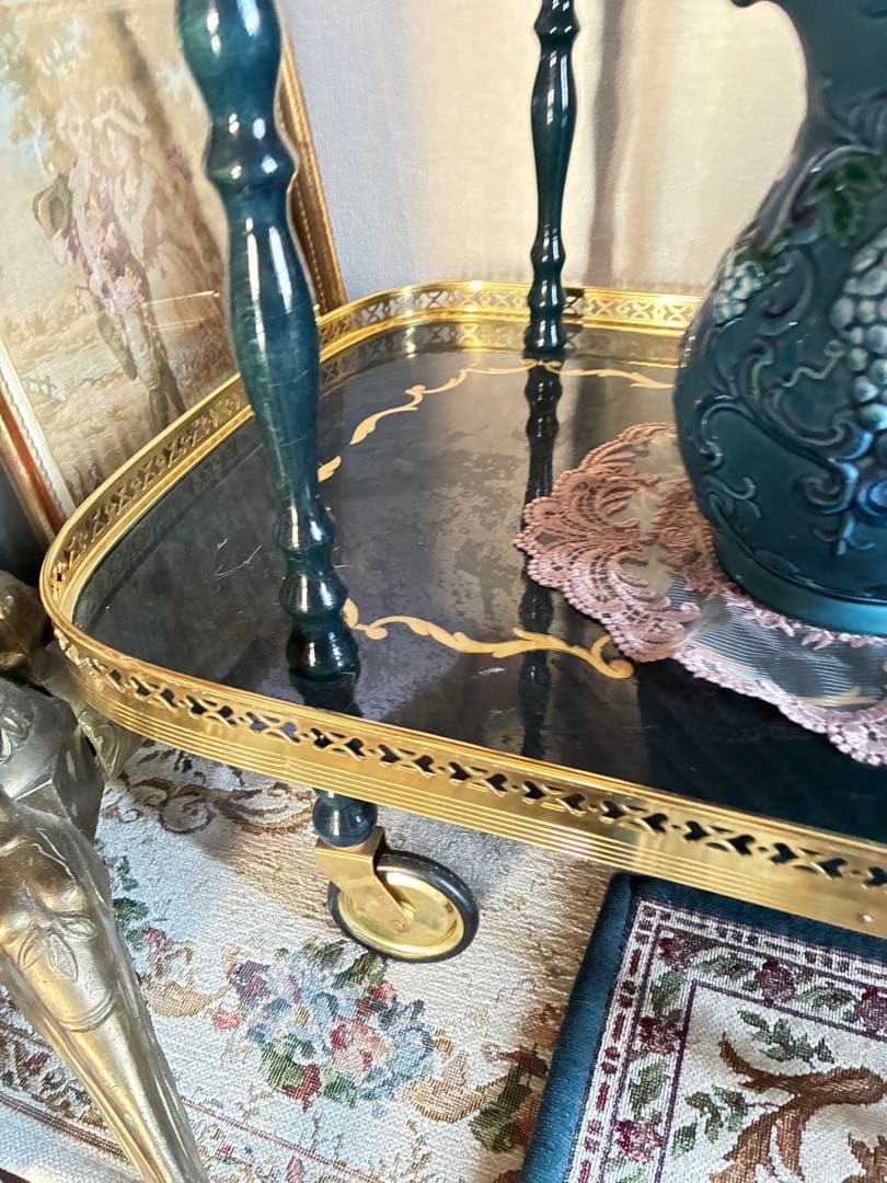 イタリア　象嵌 アンティーク風 サービングカート 黒金