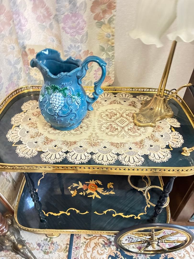 イタリア　象嵌 アンティーク風 サービングカート 黒金