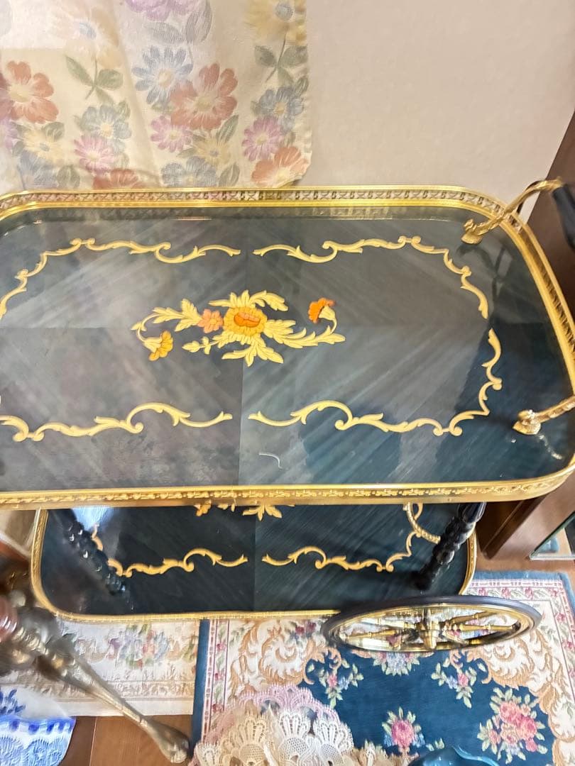 イタリア　象嵌 アンティーク風 サービングカート 黒金