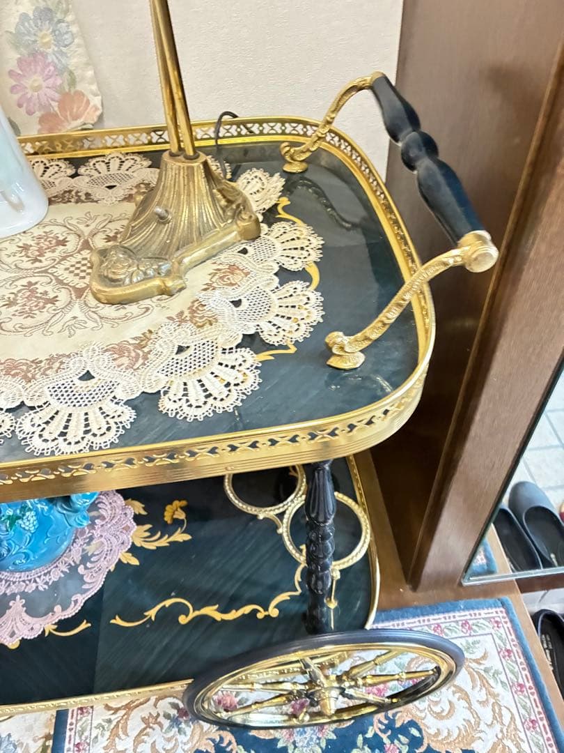 イタリア　象嵌 アンティーク風 サービングカート 黒金