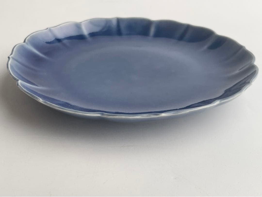 骨董　アンティーク　古伊万里　瑠璃　輪花皿　七寸皿　瑠璃釉　輪花縁