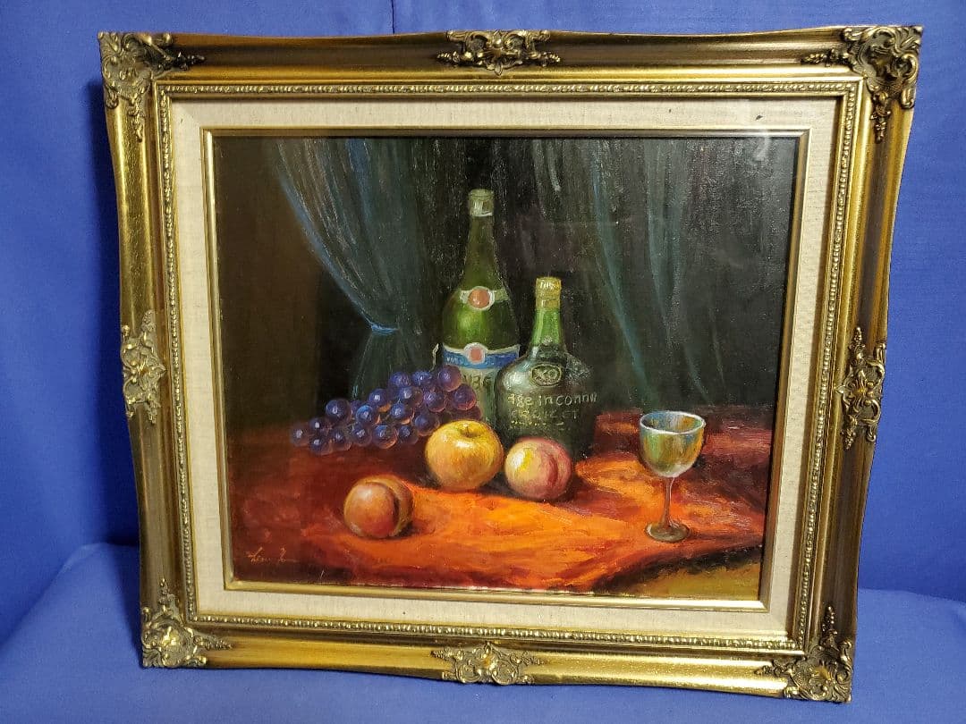 伊東熙寿作 油彩画　F8号 静物画 果物とワインボトル　　A-5