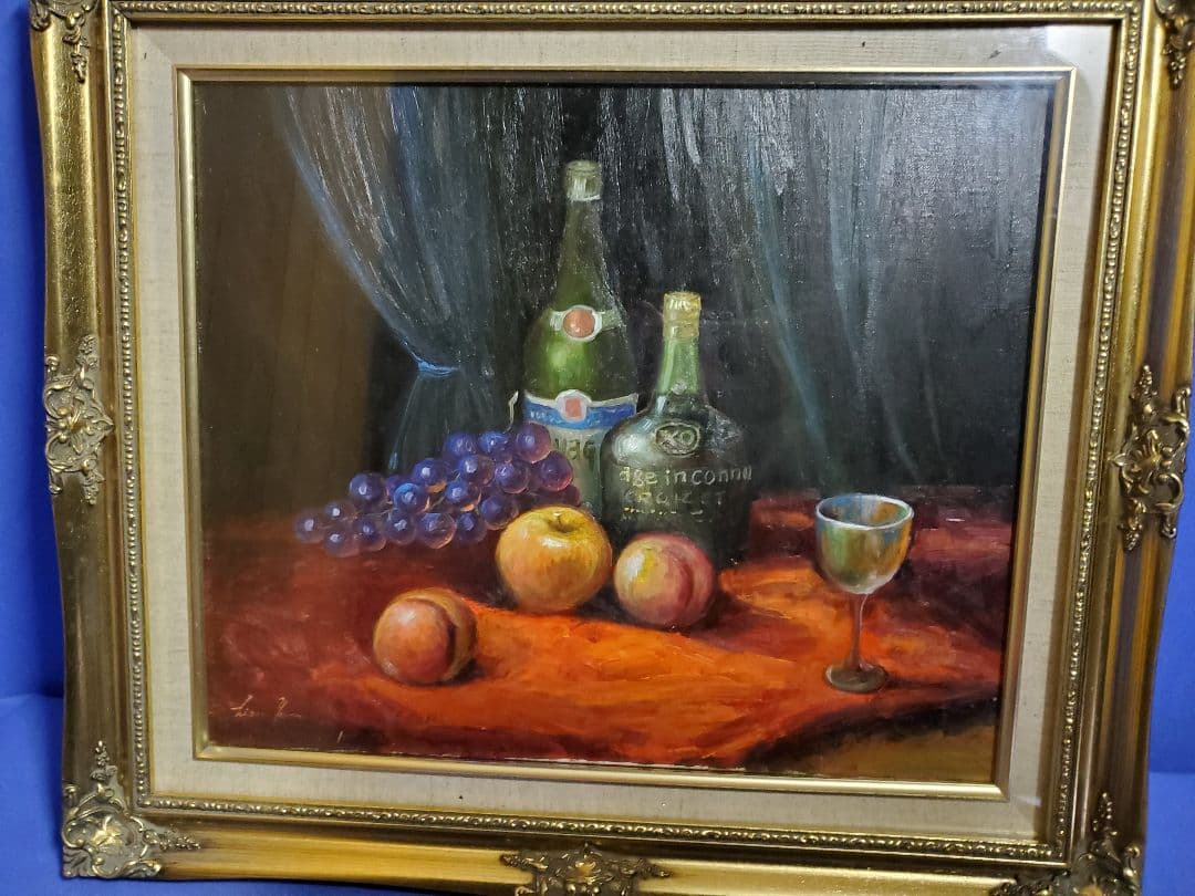 伊東熙寿作 油彩画　F8号 静物画 果物とワインボトル　　A-5