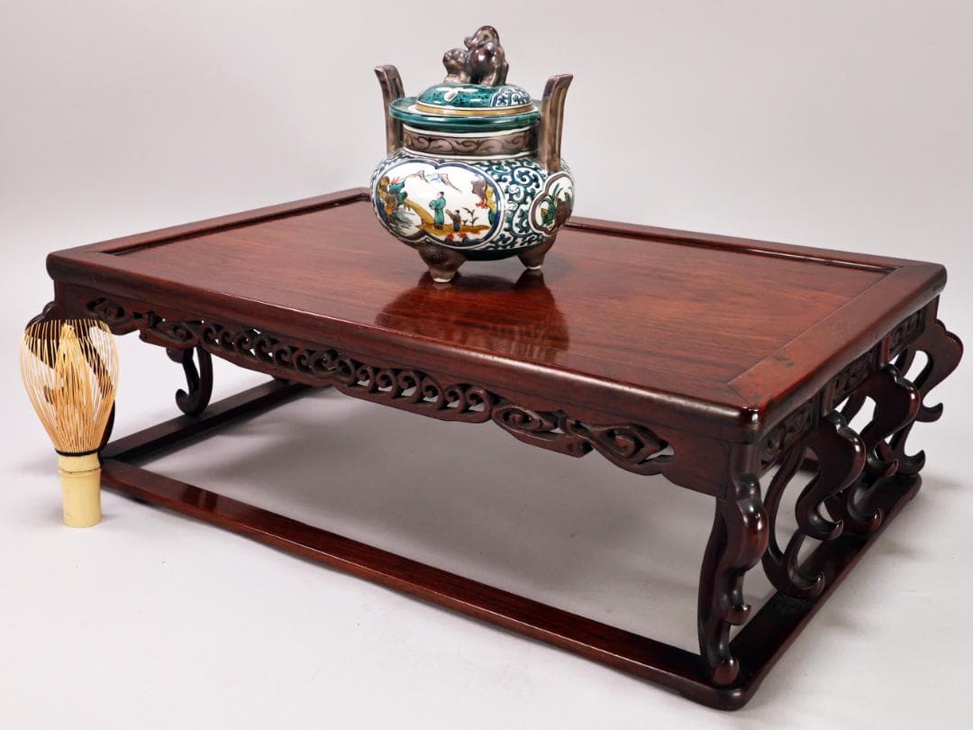 BK433　時代唐木　雲状八足　平卓　花台　香炉台　飾台　床飾　透彫り