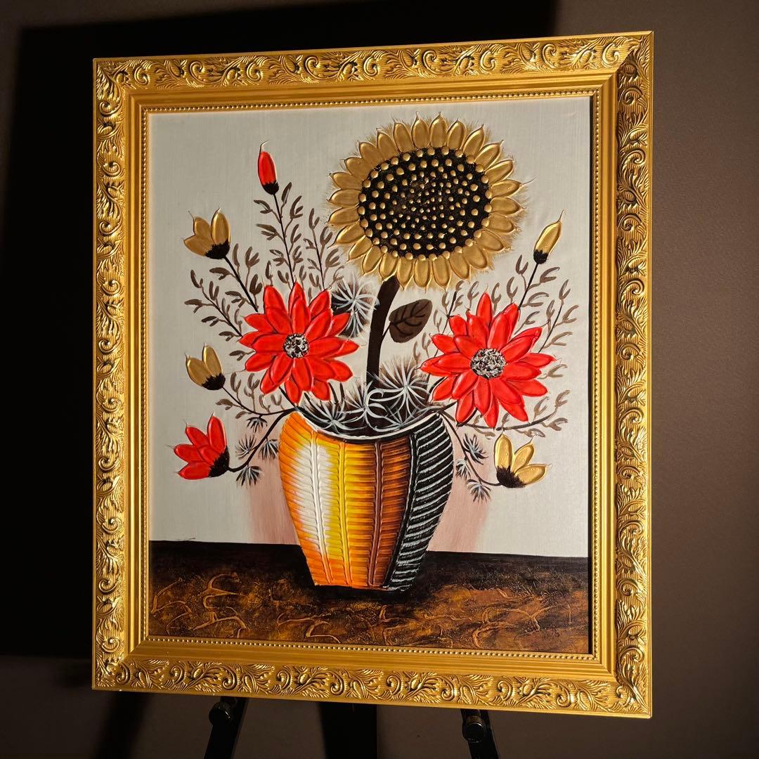 ★秀作★手書き油絵 ゴールドフラワー 絵画 額付き インテリア 油彩画