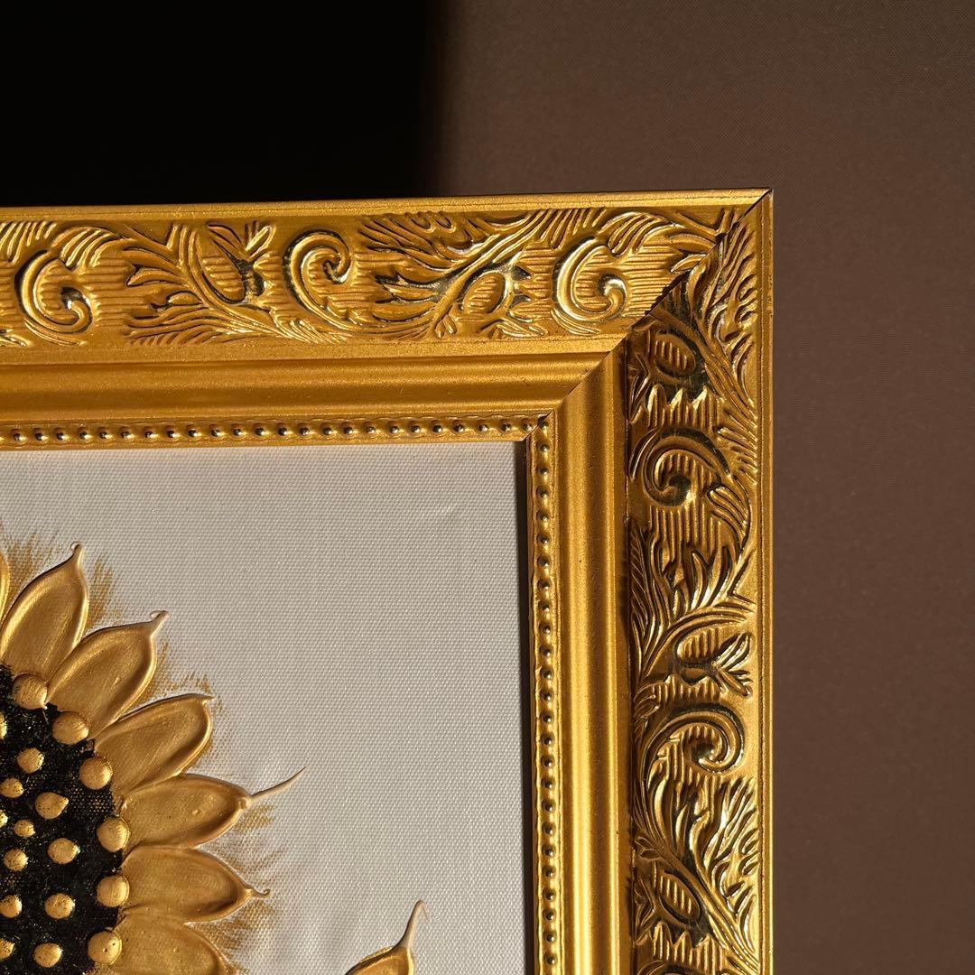 ★秀作★手書き油絵 ゴールドフラワー 絵画 額付き インテリア 油彩画