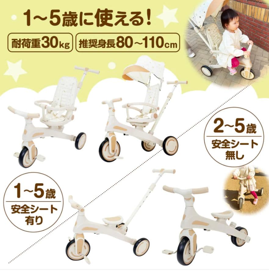 【新品】多機能三輪車 ベージュ 7in1 折りたたみ式 安全設計1歳〜5歳