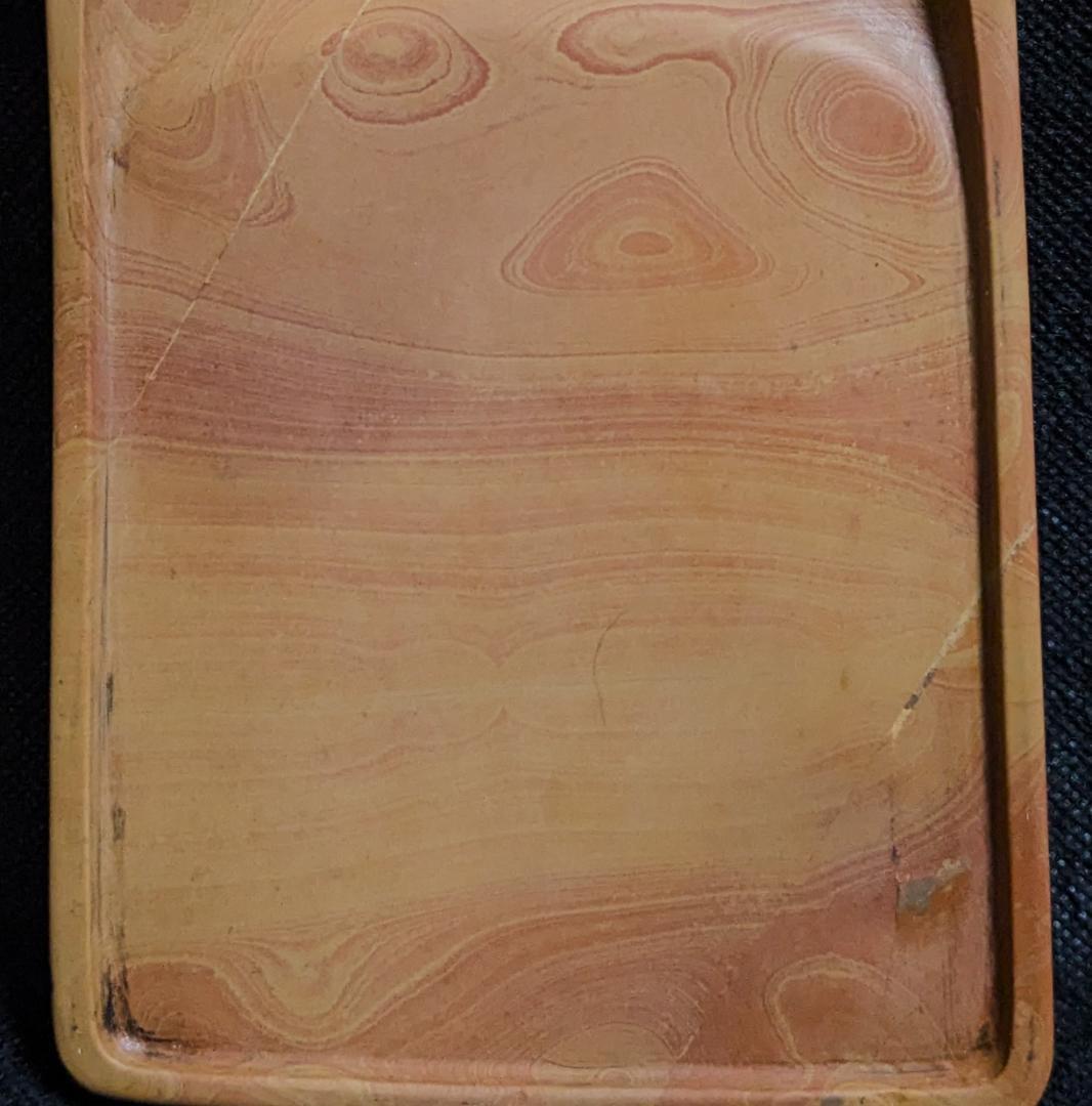 【紅絲硯】◆瑞雲文◆多層糸紋と波紋の美石◆唐木塗箱◆約6.3吋◆魯硯・山東省