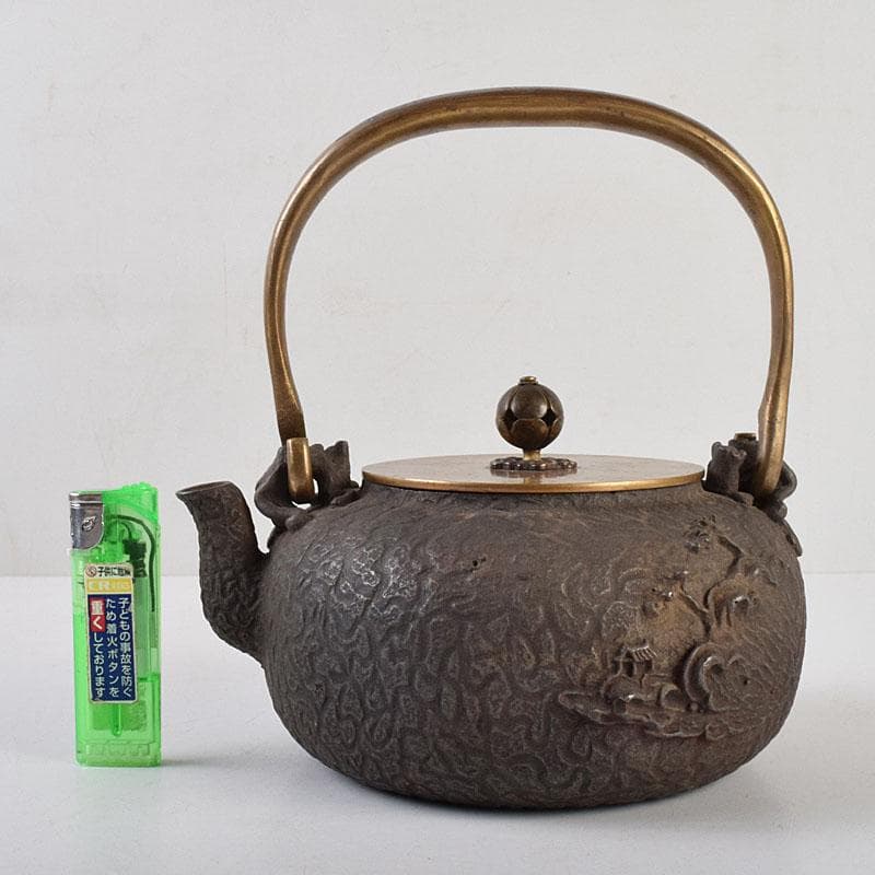 煎茶道具　日本亀文堂　黄銅蓋　山水文　鉄瓶　M　R9274