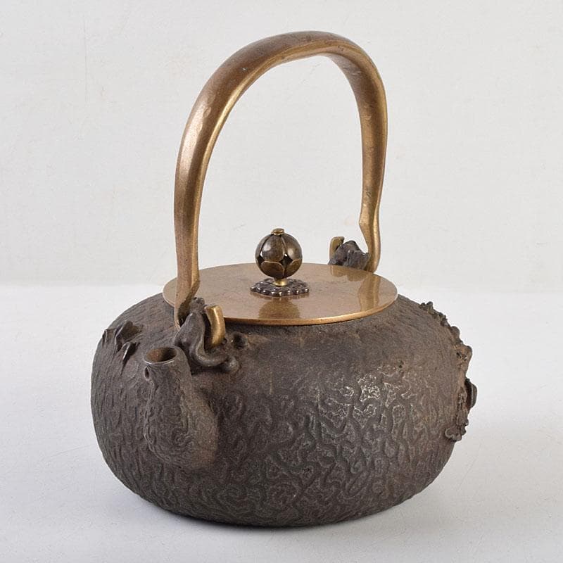煎茶道具　日本亀文堂　黄銅蓋　山水文　鉄瓶　M　R9274
