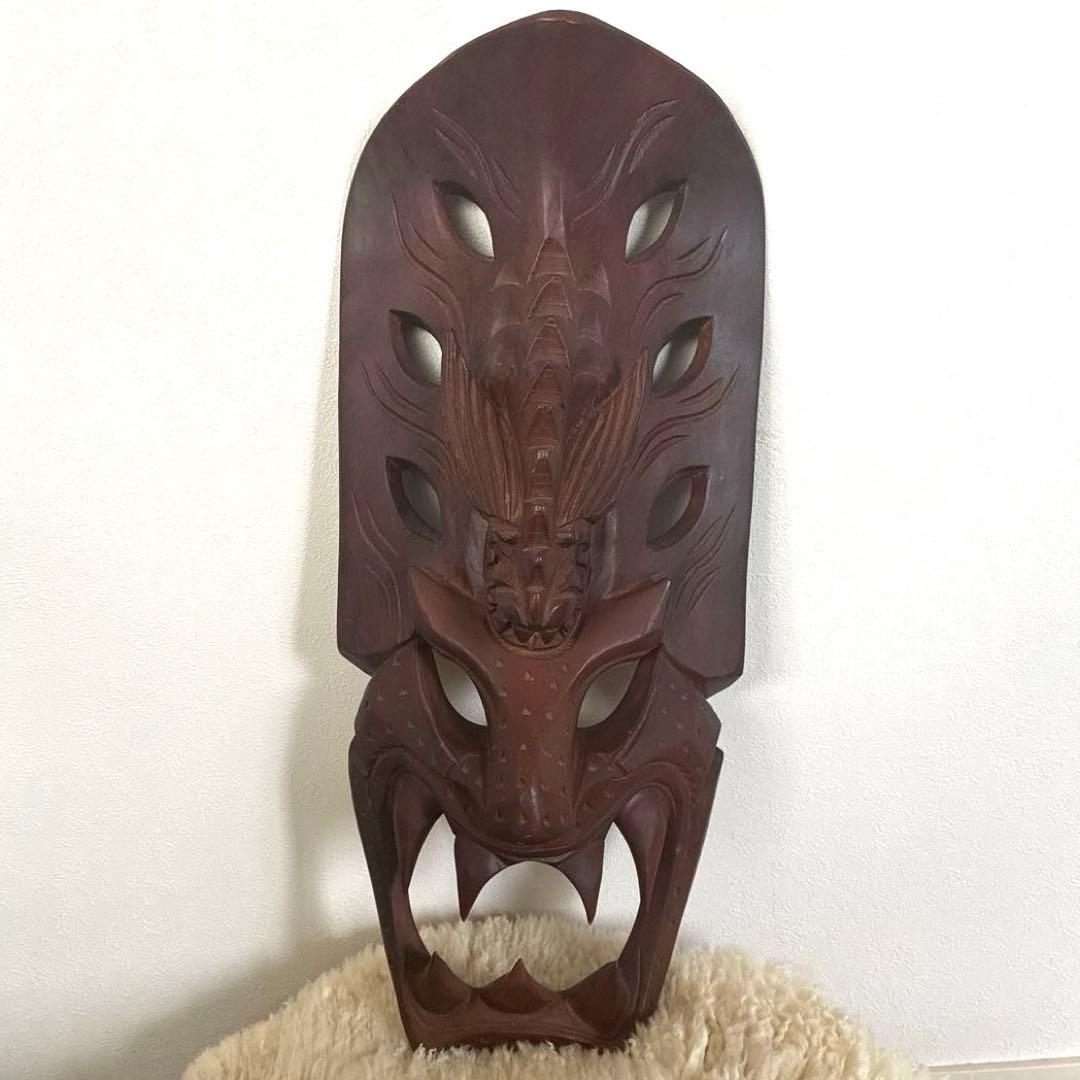木製彫刻マスク ダークブラウン　インドネシア　お面　お土産　ヴィンテージ