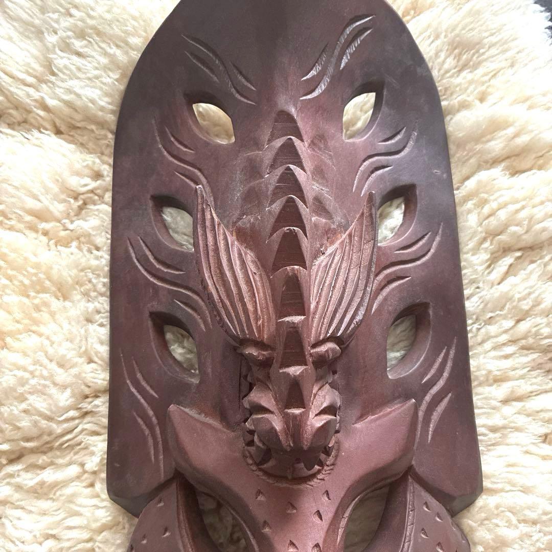 木製彫刻マスク ダークブラウン　インドネシア　お面　お土産　ヴィンテージ