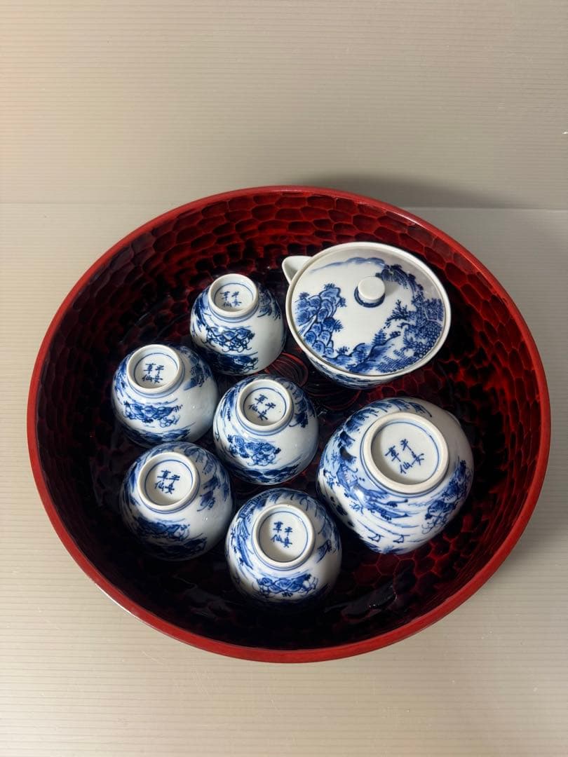 2334 平安草仙　染付青花　茶器セット　宝瓶1客　湯冷し1客　湯呑5客　鉢付き