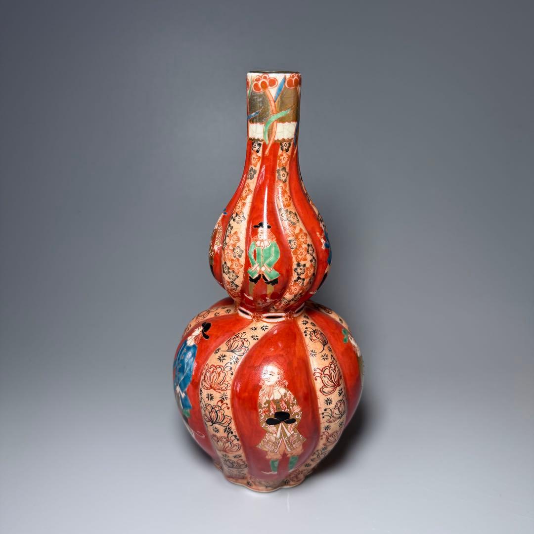 幕末〜明治期　アンティーク薩摩　異人図祥瑞瓢箪形花瓶　箱　布　里帰り品