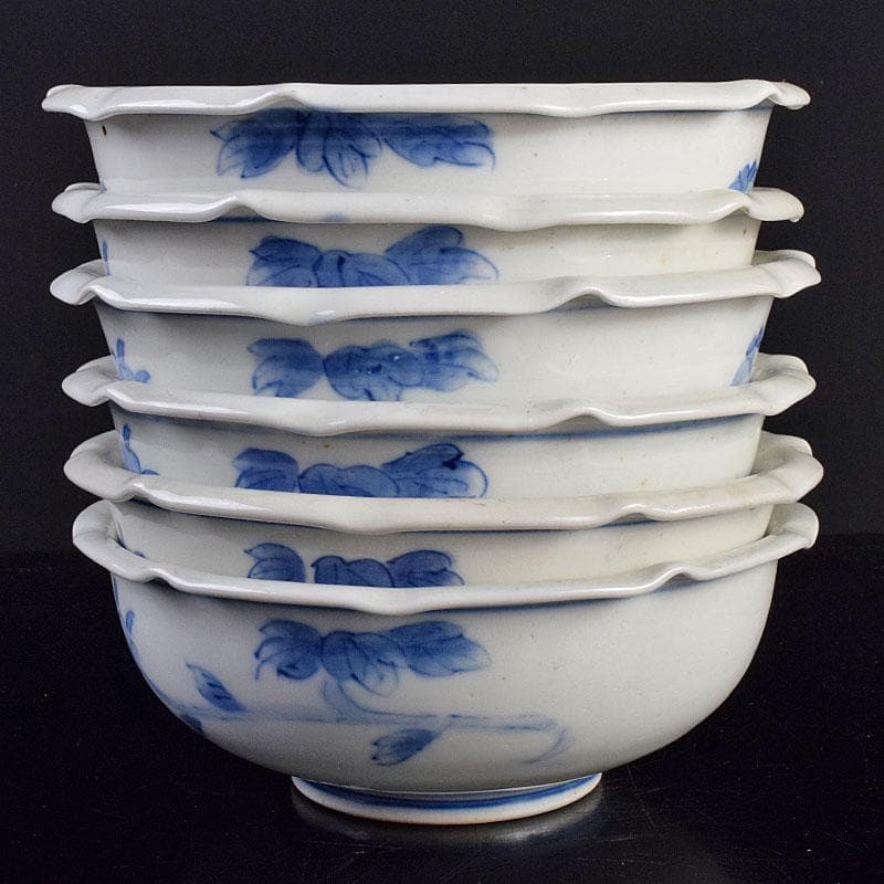 瀬戸焼　古瀬戸　染付　花蝶文　饂飩皿　六客　時代箱付　C　R9353B