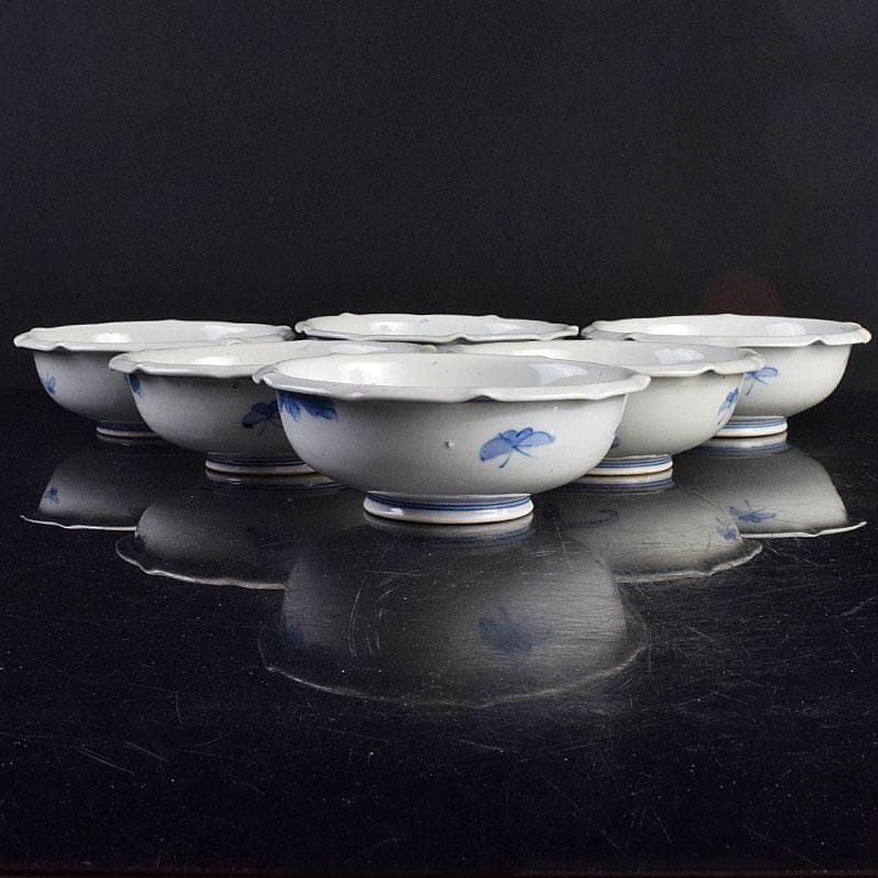 瀬戸焼　古瀬戸　染付　花蝶文　饂飩皿　六客　時代箱付　C　R9353B