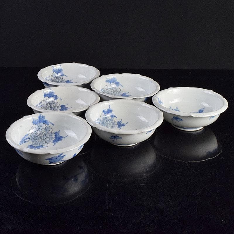 瀬戸焼　古瀬戸　染付　花蝶文　饂飩皿　六客　時代箱付　C　R9353B