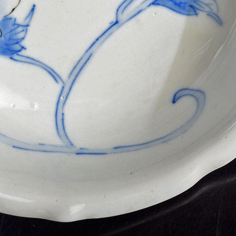 瀬戸焼　古瀬戸　染付　花蝶文　饂飩皿　六客　時代箱付　C　R9353B