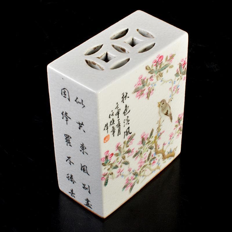 中国　粉彩　漢詩花鳥文　香炉　C　6650