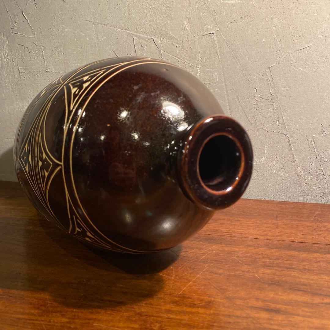 中国美術 磁州窯 黒釉梅瓶 飾り壺 花器 オブジェ インテリア 幾何学模様