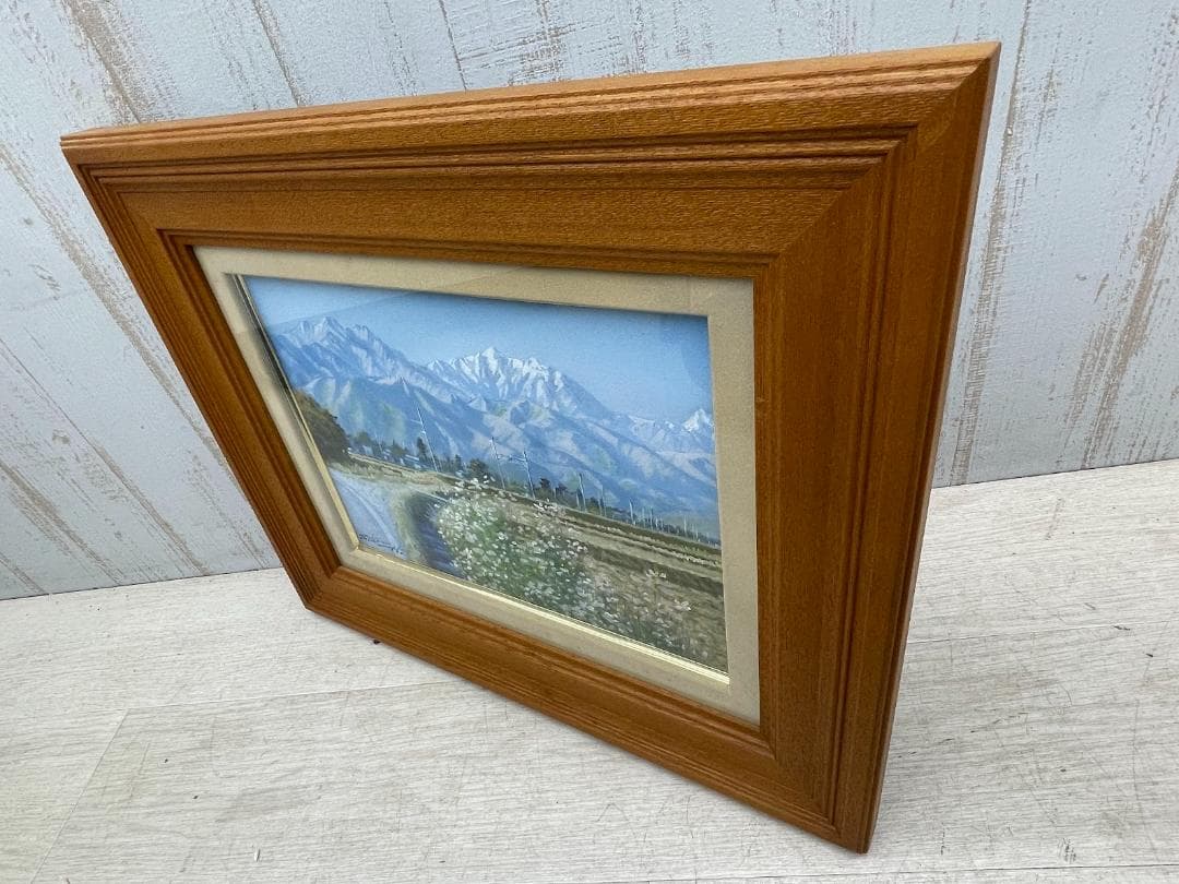 半澤満 油彩画 秋桜と北アルプス サイン在 F4号 額装 油絵 風景画 絵画