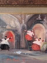 【真作】絵画　油彩　舞踏の情景　赤と白の衣装　Y187