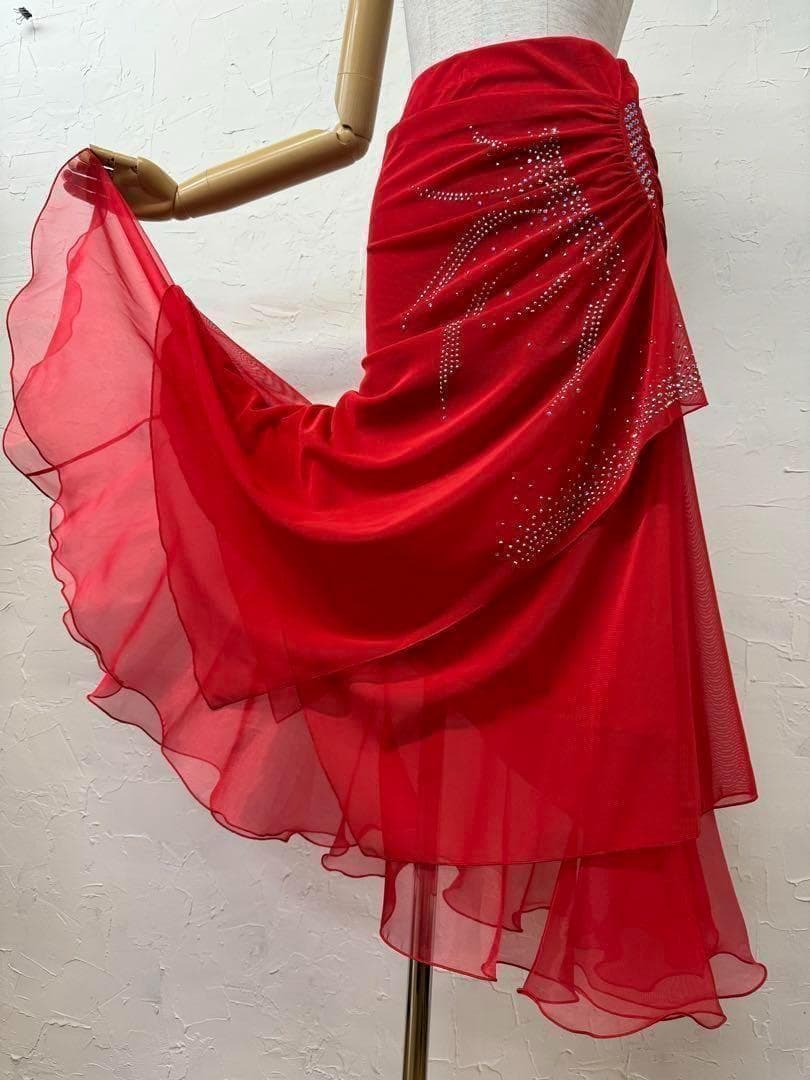 赤　新品　ラインストーン　社交ダンス　フレアーデザインスカートd035