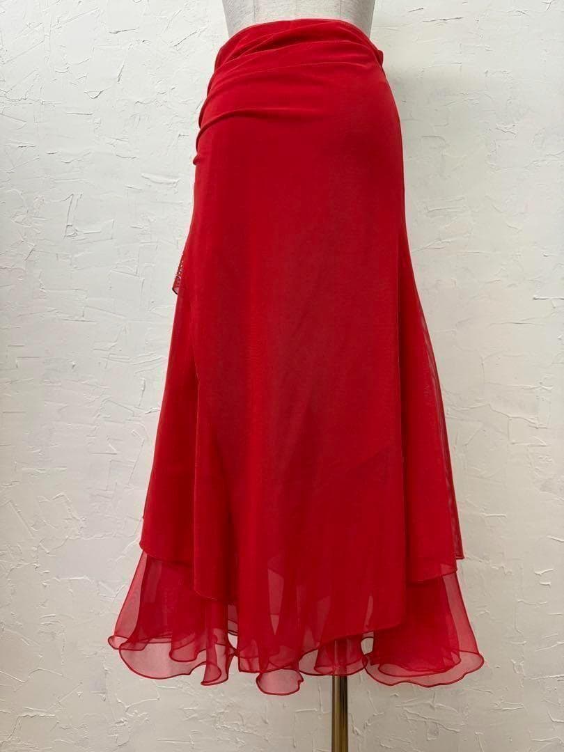 赤　新品　ラインストーン　社交ダンス　フレアーデザインスカートd035