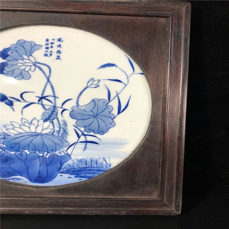 陶磁手描き青花風吹荷笑陶板絵古木枠象眼陶板古典的なインテリアストラップ