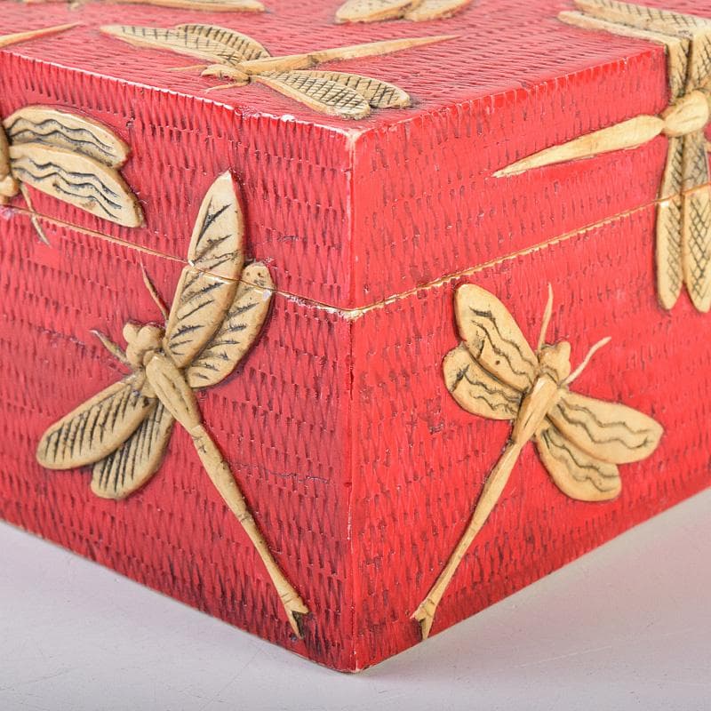 中国　彩色玉石彫刻　蜻蛉彫　四方箱　D　R8492