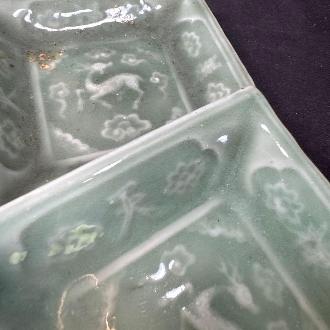 G26 送料無料　三田青磁　鹿の図　角皿　2枚　古美術　和骨董