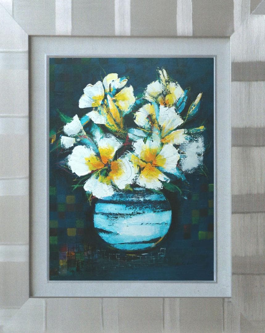 油絵 菅家令子 絵 絵画インテリア 額付(青緑＋金色の枠)uF6-063604花