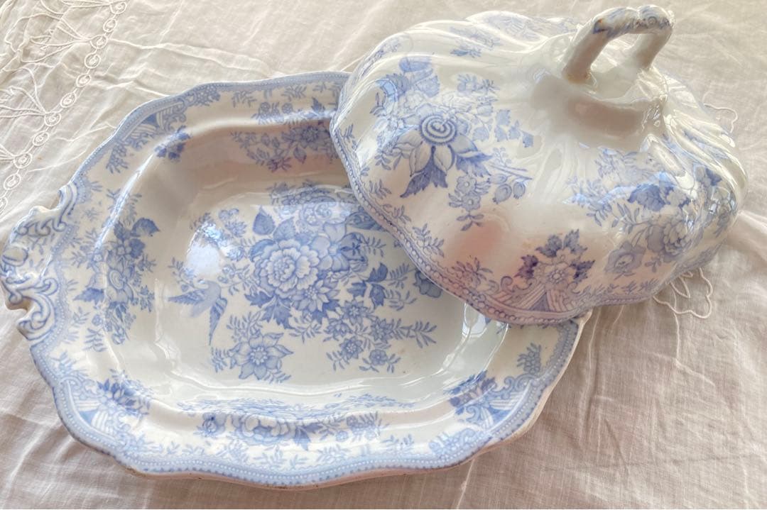 【美品】アンティーク　チュリーン ブルー＆ホワイト アジアティックフェザンツ